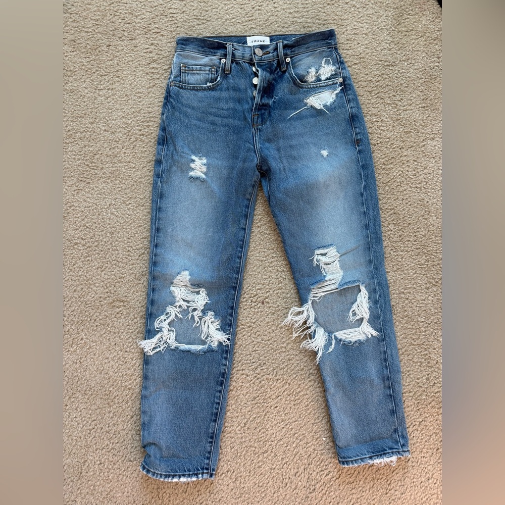 Frame Denim Distressed Ankle Jeans in Blue